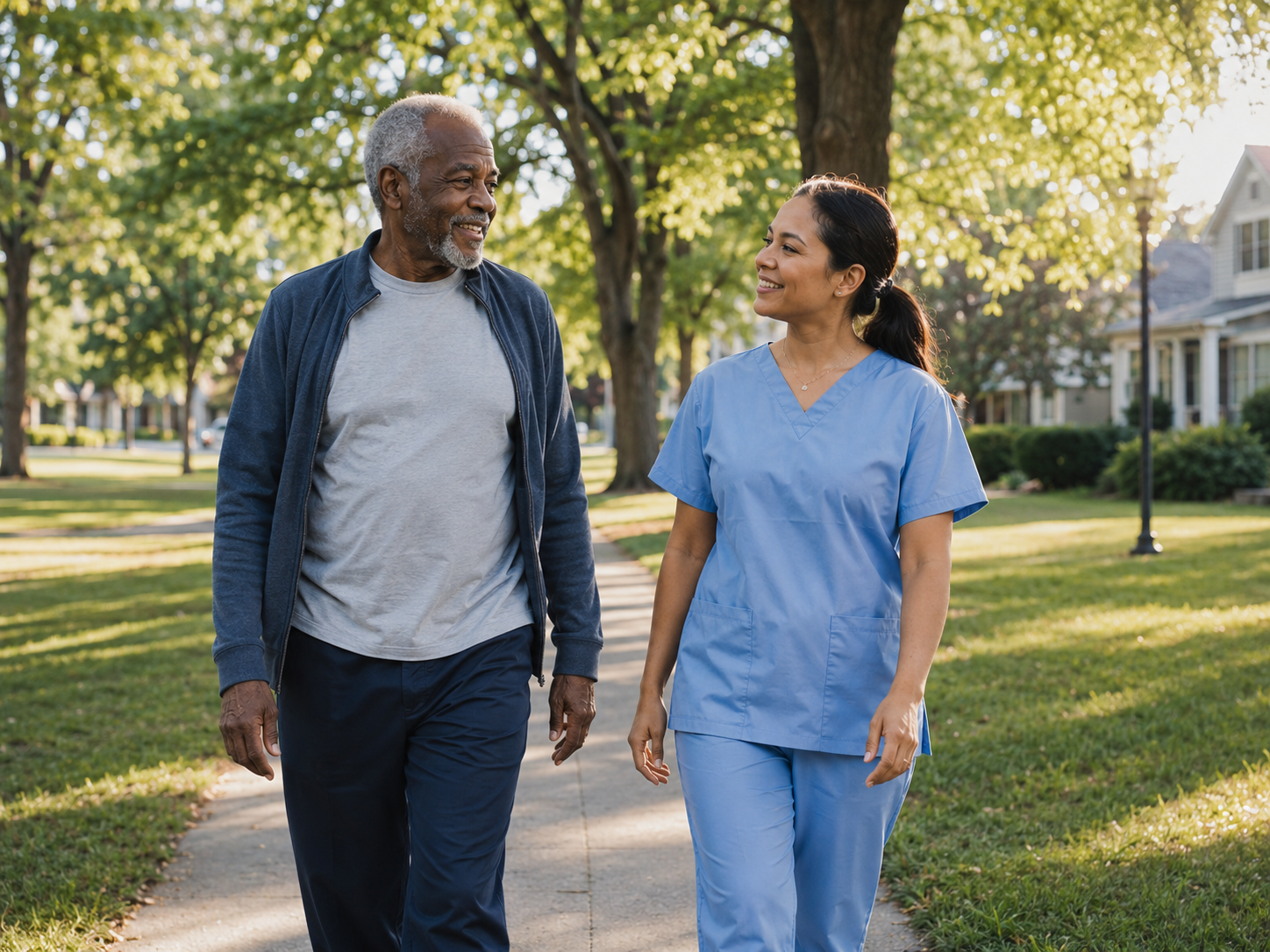 An older adult enjoying a walk with a home care companion